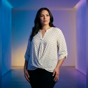 Lynn Ryan . White With Black Hearts Pullover Blouse. Roll Tab 3/4 Sleeves.